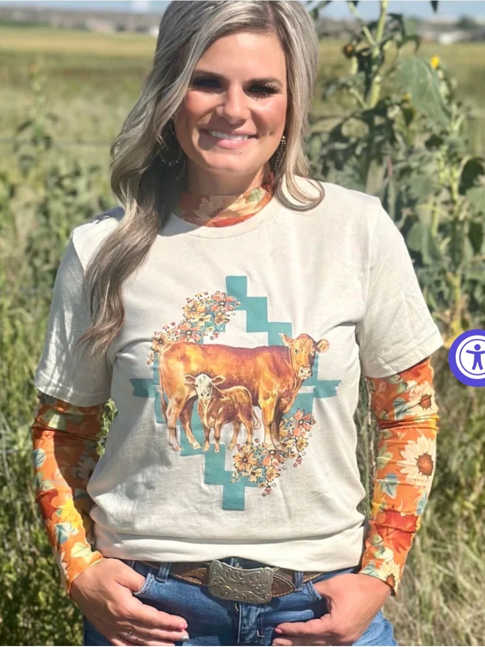 Sterling Kreek Western Cow Print Tee Cream NWOT sz XL